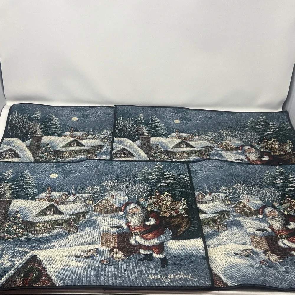 Set Of 4 Nicky Boehme Tapestry Christmas Placemats Santa On Rooftop Toy Bag